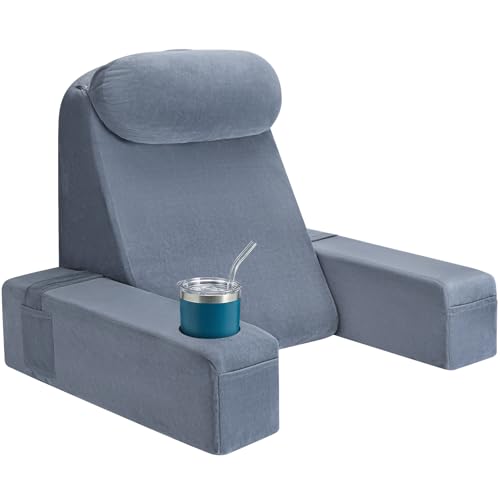 21 INCH Reading Pillow for Adults, Back Pillow for Bed Sitting Up, Backrest Pillow for Sitting in Bed, Detachable Arms with Built-in Cup & Phone Caddy (Gray, 21 INCH) - color: Gray, size: 21 INCH