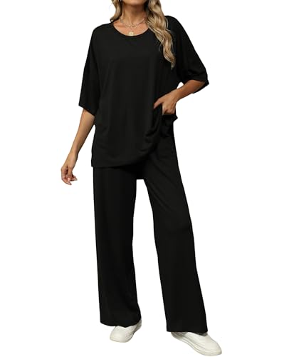 KevaMolly 2 Piece Lounge Set for Women Comfy Pajamas Set - color: Black, size: Medium
