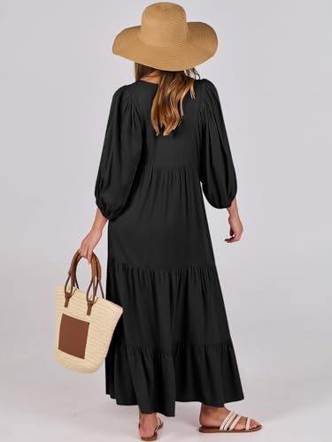 ANRABESS Womens Boho Floral 3/4 Puff Sleeve Maxi Dress - color: Black, size: Small