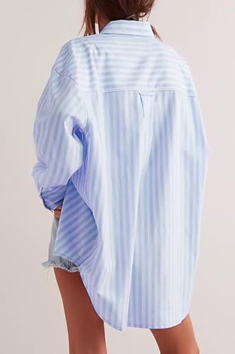 CHYRII Women's Striped Button Down Long Sleeve Blouse - color: Blue, size: Medium