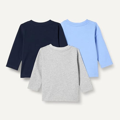 Amazon Essentials Unisex Babies' Relaxed-Fit 100% Cotton Long-Sleeve T-Shirts, Pack of 3 - color: Blue/Navy/Heather, size: 18 Months