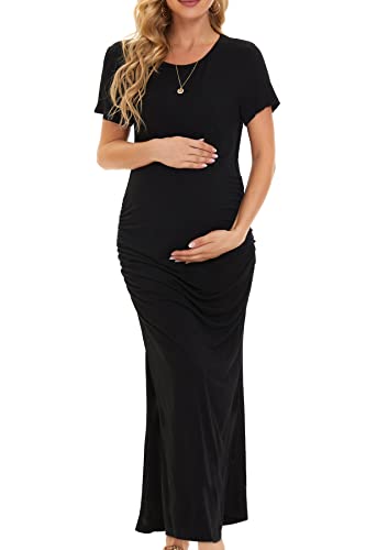 Smallshow Women's Split Long Short Sleeve Maternity Dress - color: Black, size: XX-Large