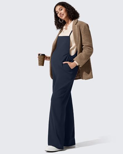 G4Free Maternity Jumpsuits Adjustable Strap Wide Leg Pregnancy Rompers - color: Dark Navy, size: X-Large