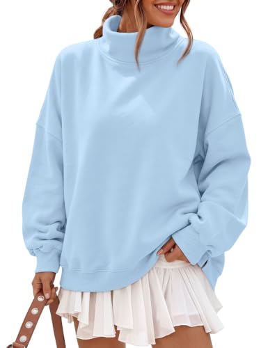 Trendy Queen Women’s Fleece Oversized Mock Neck Sweatshirts with Pockets - color: Light Blue, size: Medium