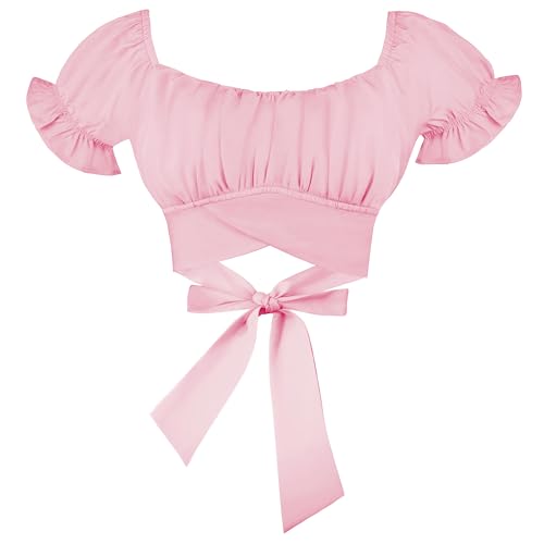 Women's Crop Tops Ruffle Short Sleeve Tie Back Off Shoulder Blouse - color: Baby Pink, size: X-Large