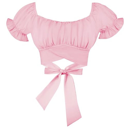 Women's Crop Tops Ruffle Short Sleeve Tie Back Off Shoulder Blouse - color: Baby Pink, size: X-Large