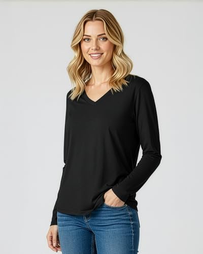 4 Pack Women's Long Sleeve Cotton V Neck Tshirts Basic Tees Tops Undershirt - color: Set 7, size: Small