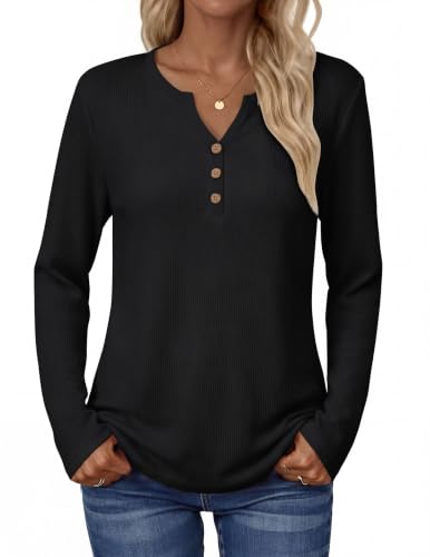 Zeagoo Women's Long Sleeve Waffle Knit Tops 2026 Fall Henley V Neck Shirts - color: Black, size: Large