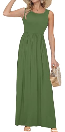 AUSELILY Women's Summer Sleeveless Loose Plain Casual Long Maxi Dresses - color: 01-army Green, size: Medium