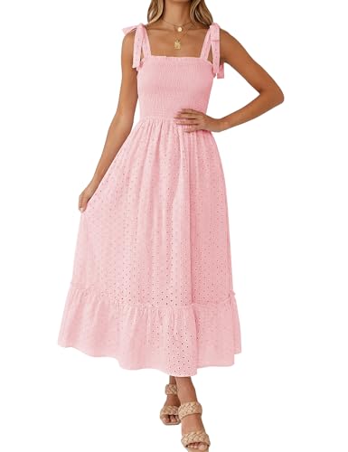 Tobrief Women's Boho Dress Summer Spaghetti Strap Square Neck Flowy Ruffle Beach Long Maxi Dress - color: A-pink, size: X-Large