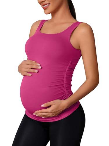ATTRACO Maternity Tank Tops Seamless Side Ruche Sleeveless Pregnancy Basic Shirt with Built in Bra - color: Magenta Purple, size: Medium