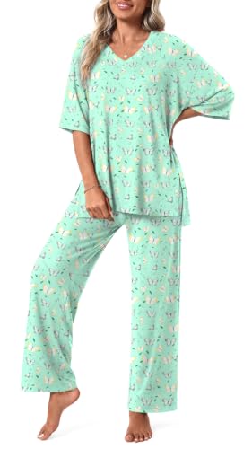 Aodemo Lounge Sets for Women 2 Piece Pjs Fall Pajamas Postpartum Outfits - color: Butterfly-green, size: Medium