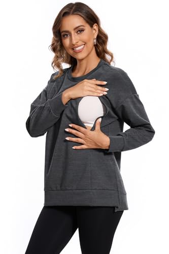 Smallshow Women's Nursing Sweatshirt Long Sleeve Breastfeeding Tops - color: Deep Grey, size: XX-Large