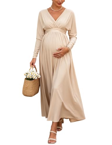 Maternity Long Sleeve V Neck Maxi Dress Tie Waist Flowy Maxi Gown - color: Apricot, size: Small