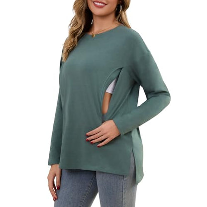 Women's Nursing Shirts Long Sleeve with Hidden Zipper Oversized Breastfeeding Tops Side Split Maternity Blouse - color: Heather Green, size: Medium
