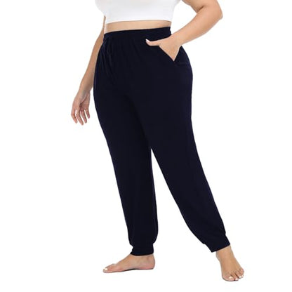 Women's Plus Size Joggers Cotton Sweatpants Casual Lounge Yoga Pants Drawstring with Pockets - color: Navy, size: 1X
