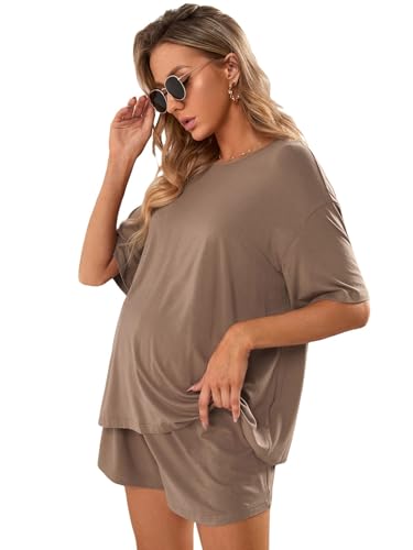 Verdusa Women's Maternity Pajama Set 2 Piece Drop Shoulder Top and Short Lounge Sets - color: Dark Brown, size: Medium