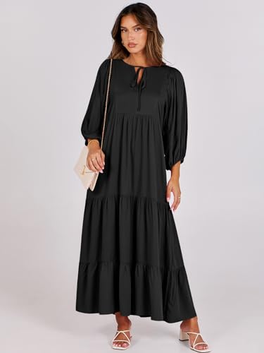 ANRABESS Womens Boho Floral 3/4 Puff Sleeve Maxi Dress - color: Black, size: Small