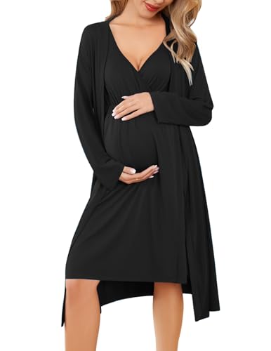Ekouaer Maternity Nursing Gown and Robe Set Labor Delivery Nightgowns - color: Black, size: X-Large