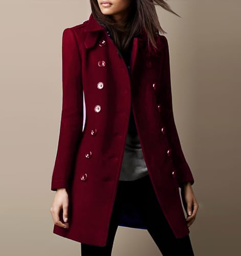 chouyatou Women's Winter Double Breasted Wool Coat Elegant Collared Wool Blend Trench Pea Coat - color: Wine Red, size: X-Large