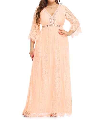 Plus Size Wedding Dresses Boho Lace Formal Bohemian Fall Long Dress - color: Pink, size: 14 Plus