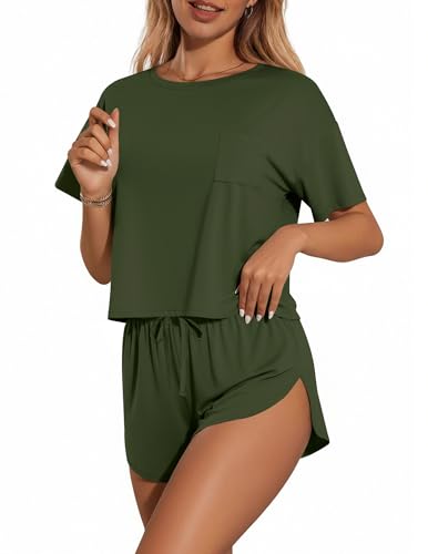 Ekouaer Womens Pajama Sets Sexy Lounge Sets Side Split Short Pj Sets - color: Army Green, size: X-Small