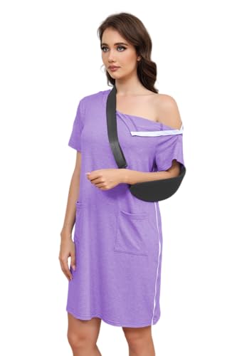 Women's Post Shoulder Surgery Tear Away Dress Short Sleeve Full Open Side Snap Adaptive Clothing with Pockets - color: Purple, size: Medium
