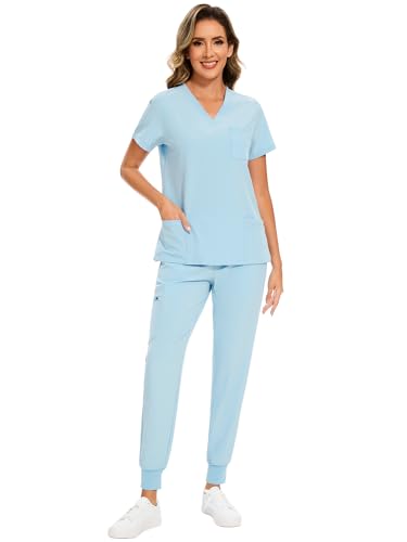 COZYFIT Scrubs for Women Set - Stretch V-Neck & Jogger Pant with 9 Pockets - color: Baby Blue, size: Medium-Tall