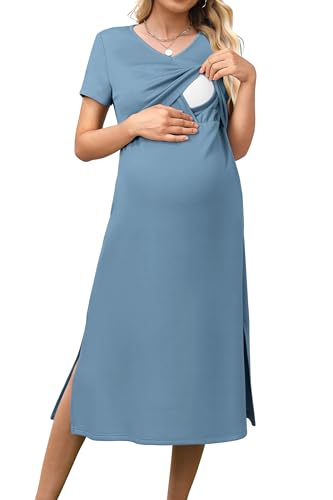 OUGES Womens 2026 Summer Short Sleeve Maternity Nursing Dress V Neck Breastfeeding Split Long Dress Pregnancy Clothes - color: Gray Blue, size: Small