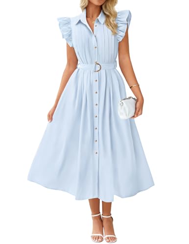 ZESICA Womens Summer Button Midi Dress Casual Work Dresses - color: Light Blue, size: Medium
