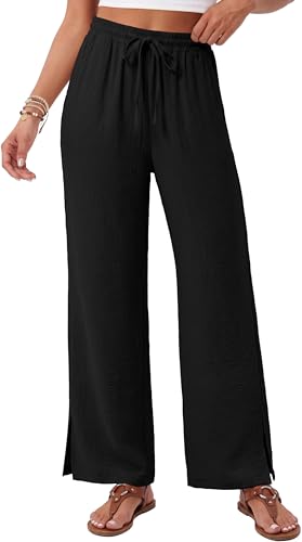Sampeel Womens Wide Leg Beach Pants Elastic Waist Lightweight Casual Flowy Palazzo Lounge Trousers with Pockets - color: Black, size: X-Small