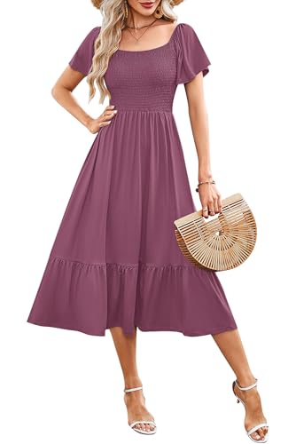 AUSELILY Women's Summer Smocked Short Sleeve Midi Dress 2026 - color: Mauve, size: X-Large