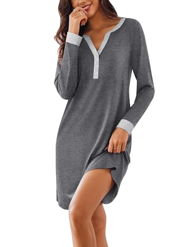 Ekouaer Women's Nightgown Long Sleeve Sleepshirt with Pockets - color: Grey, size: XX-Large