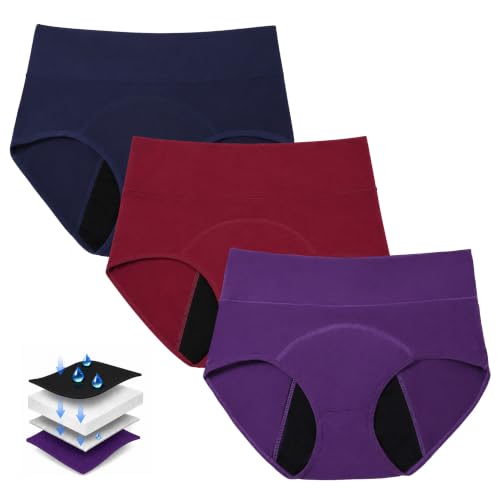 Period Underwear for Women, Leak Proof Menstrual Panties Multi-pack, High Waisted Cotton Full Coverage Briefs - color: Everyday Basics 3-pack, size: Large