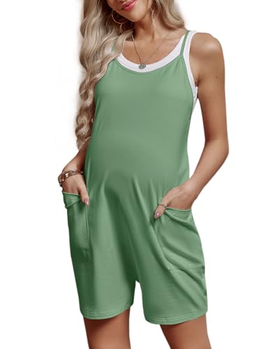 FMEYOA Maternity Romper Sleeveless Overall Shorts Jumpsuit with Pockets - color: Sage Green, size: Medium