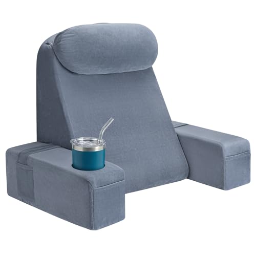 19 INCH Reading Pillow for Adults, Back Pillow for Bed Sitting Up, Backrest Pillow for Sitting in Bed, Detachable Arms with Built-in Cup & Phone Caddy (Gray, 19 INCH) - color: Gray, size: 19 INCH