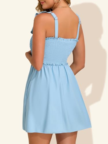 Summer Mae Smocked Maternity Swim Dress Ruffle A-Line with Pockets - color: Baby Blue, size: 6-8