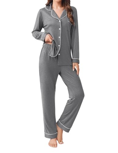 Ekouaer Womens Pajamas Set Button Down Long Sleeve Top & Pants Lounge Sets - color: Grey, size: XX-Large