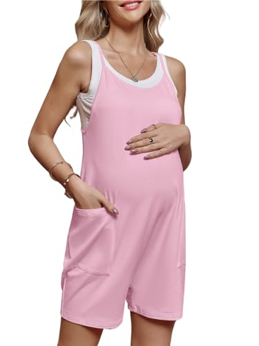 FMEYOA Maternity Romper Sleeveless Overall Shorts Jumpsuit with Pockets - color: Pink, size: X-Large