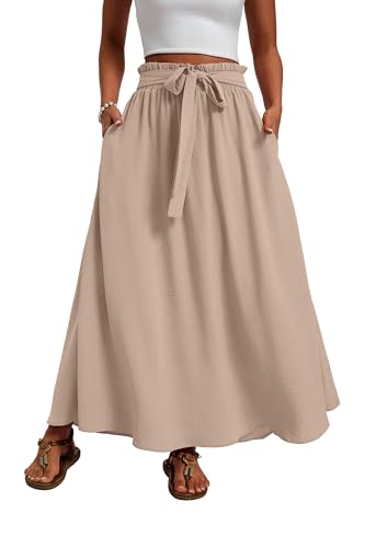 Womens Maxi Skirt with Pockets Elastic Waist Pleated A Line Summer - color: Coffee Gray, size: Small