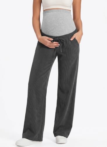 BLENCOT Maternity Pants Over Belly Wide Leg Pregnancy Casual Sweatpants - color: Dark Grey, size: X-Large