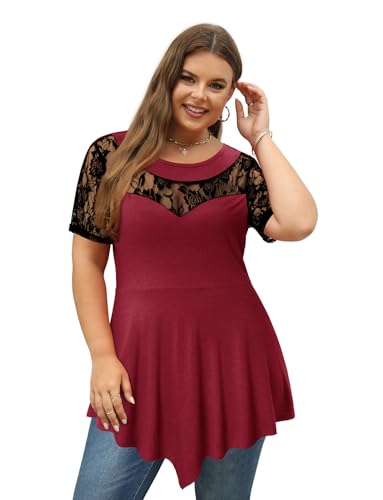 Magritta Women's Short Sleeve Crew Neck Plus Size Tunic Tops - color: Deepred, size: 5X