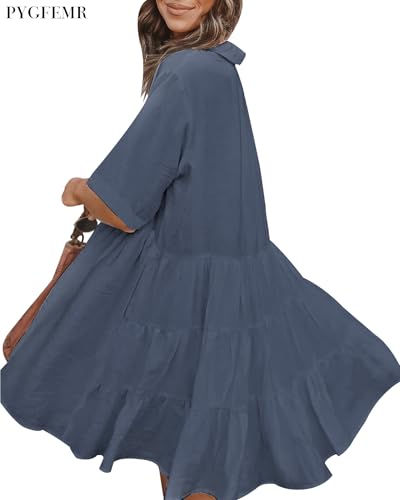 PYGFEMR Women's Short Sleeve Babydoll Dress Button Down Dresses with Pockets - color: 01-gray Blue, size: Medium