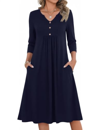 Zeagoo Womens Dresses 3/4 Sleeve Casual Fall A Line Midi Dress with Pockets - color: Navy Blue, size: Small