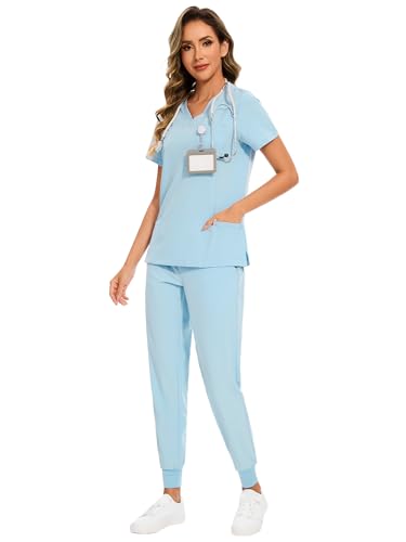 COZYFIT Scrubs for Women Set - Stretch V-Neck & Jogger Pant with 9 Pockets - color: Baby Blue, size: Medium-Tall