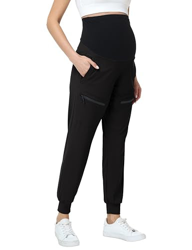 Foucome Women's Maternity Cargo Joggers with 4 Zipper Pockets - color: Black, size: Large