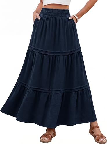 Simplee Womens Maxi Skirt Summer Long Flowy Tiered High Waisted A Line Smocked Beach Vacation Boho Skirts Wear with Pockets - color: Navy, size: Medium