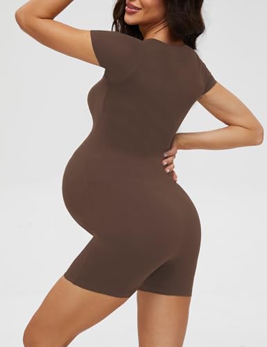 Buttery Soft Maternity Romper, Square Neck Short Sleeve One Piece - color: Brown, size: X-Large