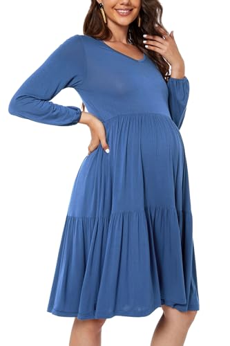 Smallshow Women's Maternity Dress Ruffle Long Sleeve Pregnancy Clothes - color: Grey Blue, size: XX-Large
