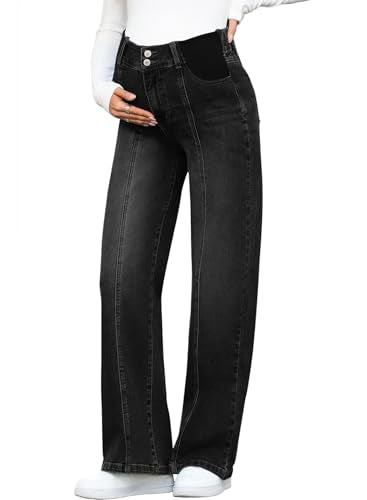 BLENCOT Women's Maternity Jeans High Waist Side Panel Wide Leg Denim Pants - color: Black, size: Small